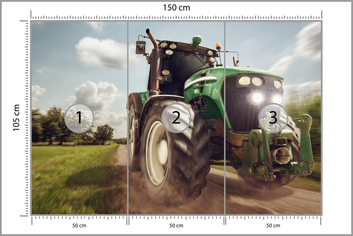 FOTOTAPETE Fahrender Traktor Bäume Vegetation Landwirtschaft 150x105 - Schwarz/Weiß, Papier (150/105cm) - Muralo