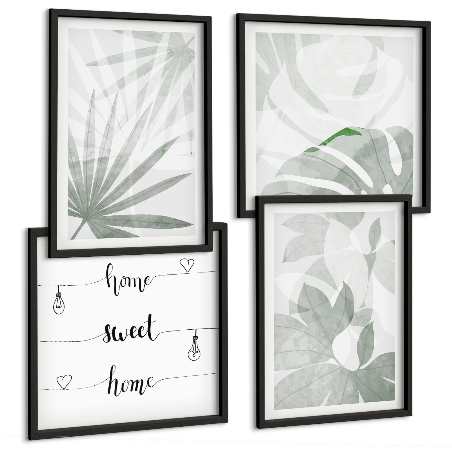 BILDER SET 4er Set - 50x50 cm & 40x60 cm Schwarzer Rahmen - Die Blätter der Pflanzen sind grünlich-grau. - Schwarz, Kunststoff (50/50cm) - TULUP