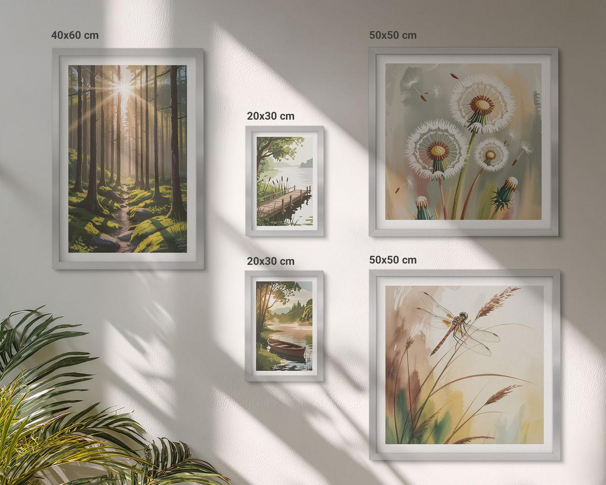 BILDER SET 5er Set - 50x50 cm & 20x30 cm & 40x60 cm Silberner Rahmen - See, Wald, Boot, Morgennebel - Silberfarben, Kunststoff (40/60cm) - TULUP