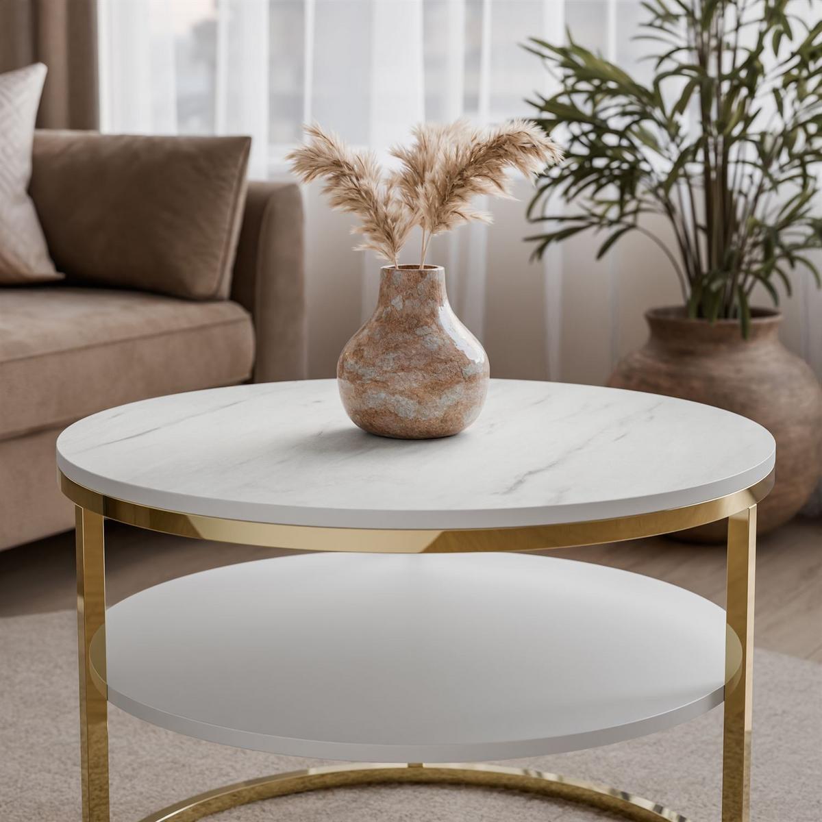 CIRI MAT Couchtisch mit Ablage und Gestell in Goldchrom Weiß Marmor - Goldfarben/Weiß, Holzwerkstoff (70/70/49cm) - Lookway