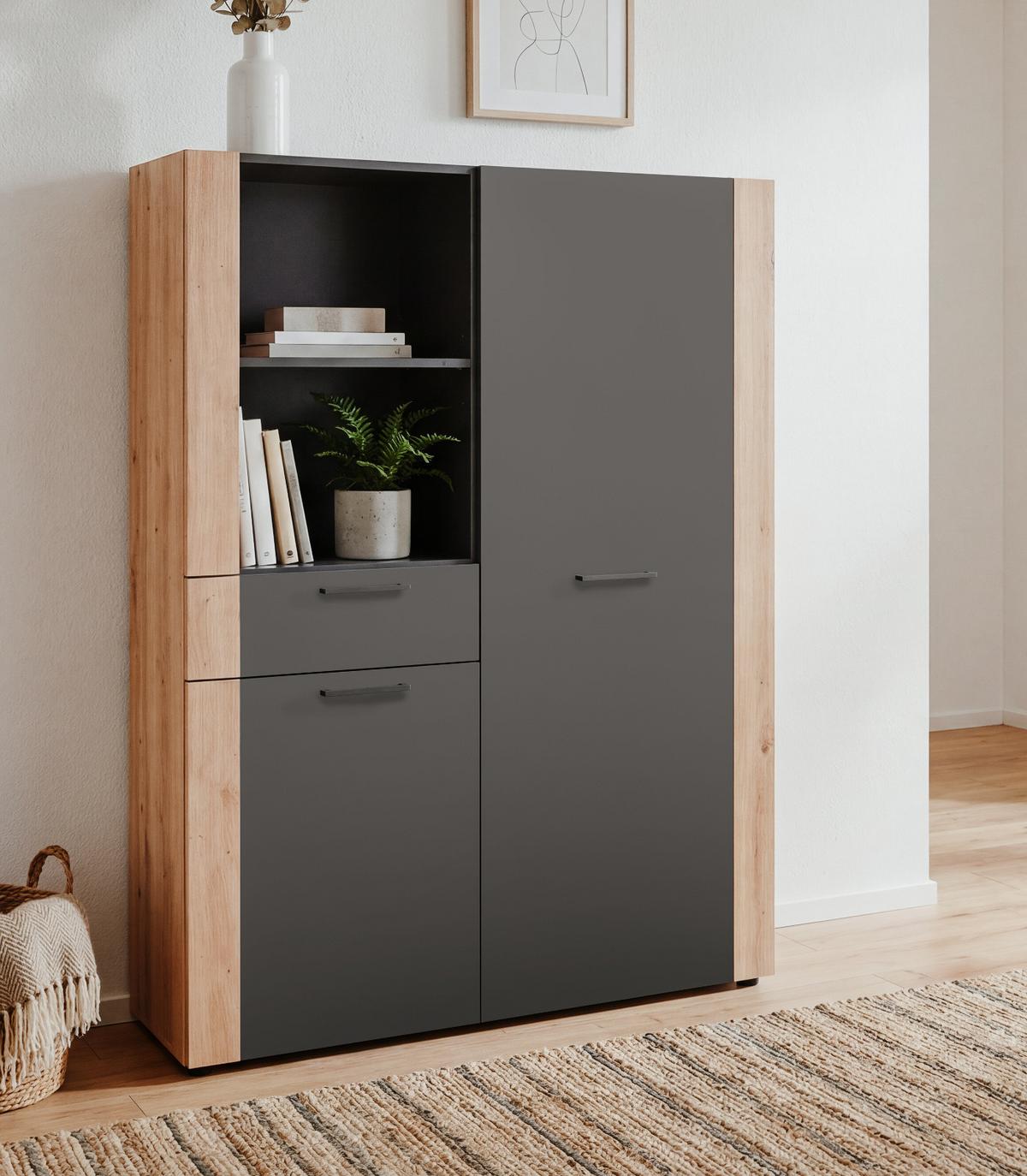HIGHBOARD grau, Artisan Eiche 100 x 155 cm, Kommode mit viel Stauraum - Anthrazit/Schwarz, Holzwerkstoff/Kunststoff (100/155/34.5cm) - Furn.Design