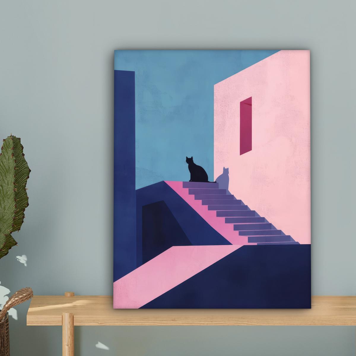 LEINWANDBILD Katze - Treppe - Gebäude - Schattenkontraste Room Decor 30x40 cm - Dunkelblau, Textil (30/40cm) - MuchoWow