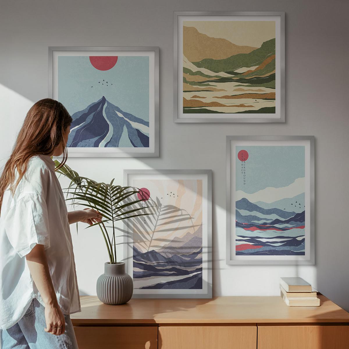 BILDER SET 4er Set - 50x50 cm & 40x60 cm Silberner Rahmen - Abstrakte Berglandschaften - Silberfarben, Kunststoff (50/50cm) - TULUP