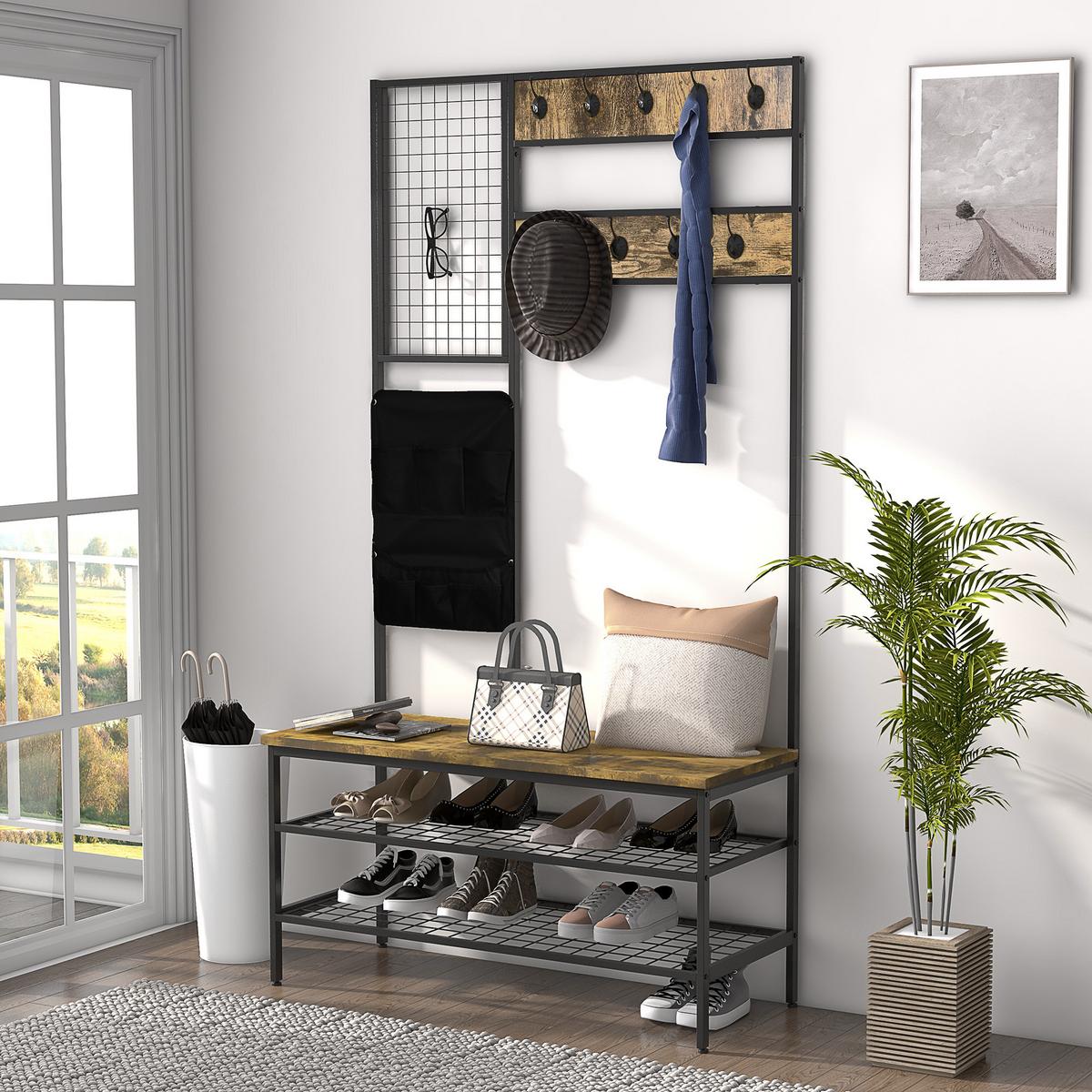 GARDEROBENSTÄNDER, Garderobe, Kleiderständer mit Haken, Schuhregal Stahl Braun - Braun, Metall (40/185/100cm) - HOMCOM