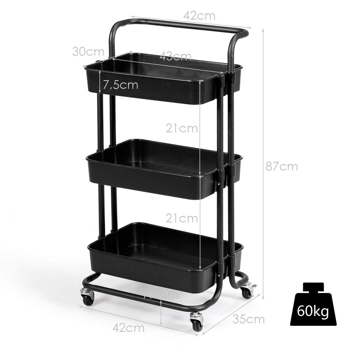 STORAGE TROLLEY Schwarz - Schwarz, Metall (42/87/35cm) - COSTWAY