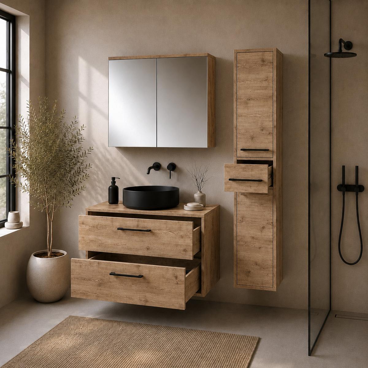 BADMÖBEL-SET Florence 3 Teile Kastanien eiche - 80 x 46 x 46 cm - Eichefarben, Holz (80/46/46cm) - Badplaats