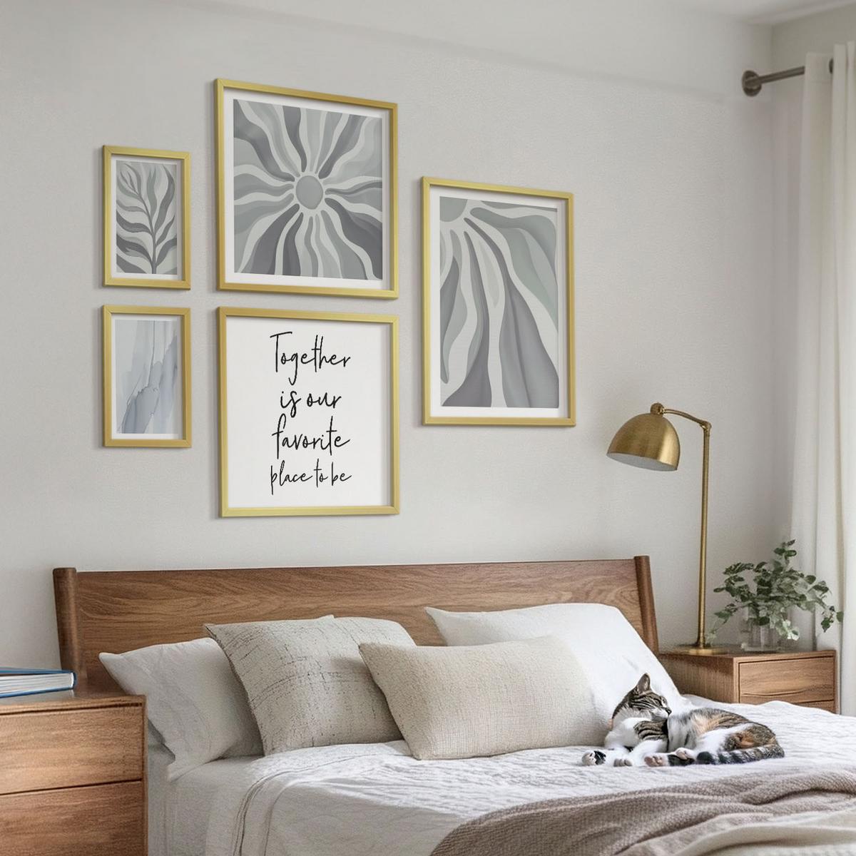 BILDER SET 5er Set - 50x50 cm & 20x30 cm & 40x60 cm Goldrahmen - Illustrationen mit floralen Pastellmustern - Goldfarben, Kunststoff (40/60cm) - TULUP