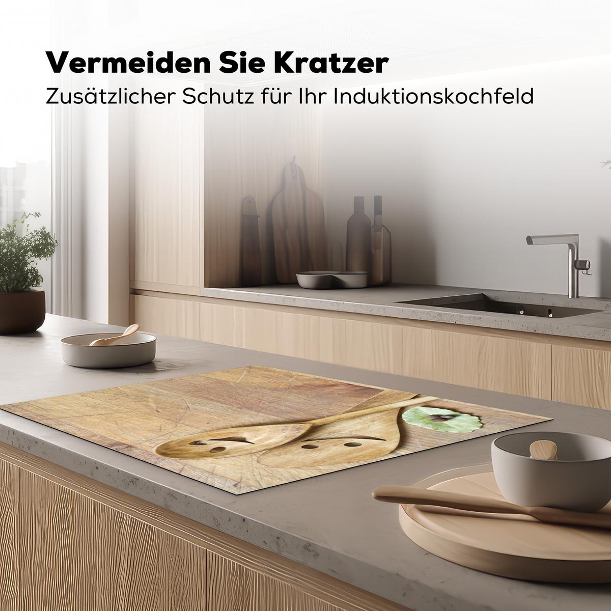 HERDABDECKPLATTE Holz - Löffel - Braun - Smiley Induktionsmatte 77x59 cm - Hellbraun, Kunststoff (77/59/0.2cm) - MuchoWow