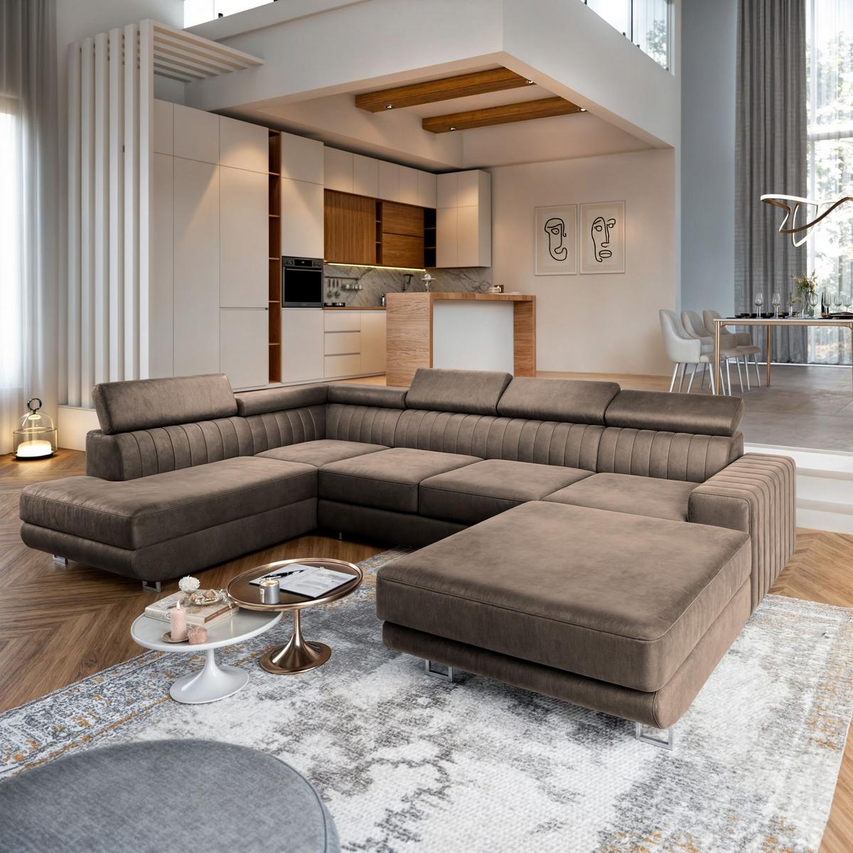 WOHNLANDSCHAFT SIENA L-S Beige Velours-Stoff mit Schlaffunktion - Beige/Silberfarben, Holz/Textil (335/89/190cm) - MASSENO