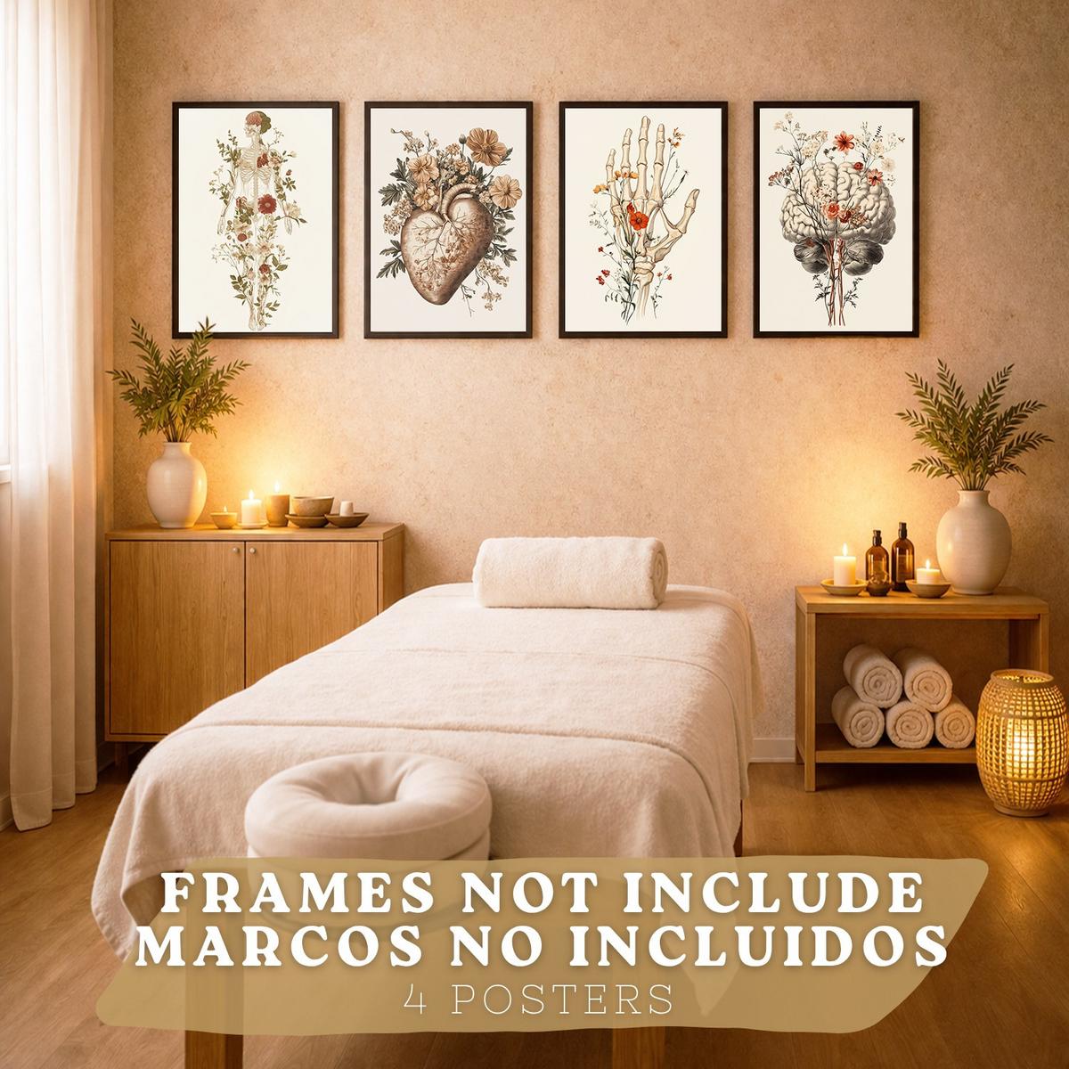 POSTER Set aus 4 Anatomie Mensch Dekorative Drucke und Wandbilder mit Blumen Ganzkörper Gehirn Hand und Herz Stil Wanddekoration Größe Rahmenlos A4 - Klar, Papier (21/29.7/3cm) - Nacnic