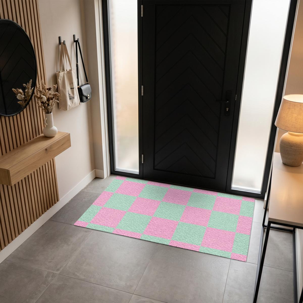 FUSSMATTE Schachbrettmuster - Grün - Rosa - Würfel Fußabtreter 150x90 cm - Mintgrün, Kunststoff (150/0.4cm) - MuchoWow