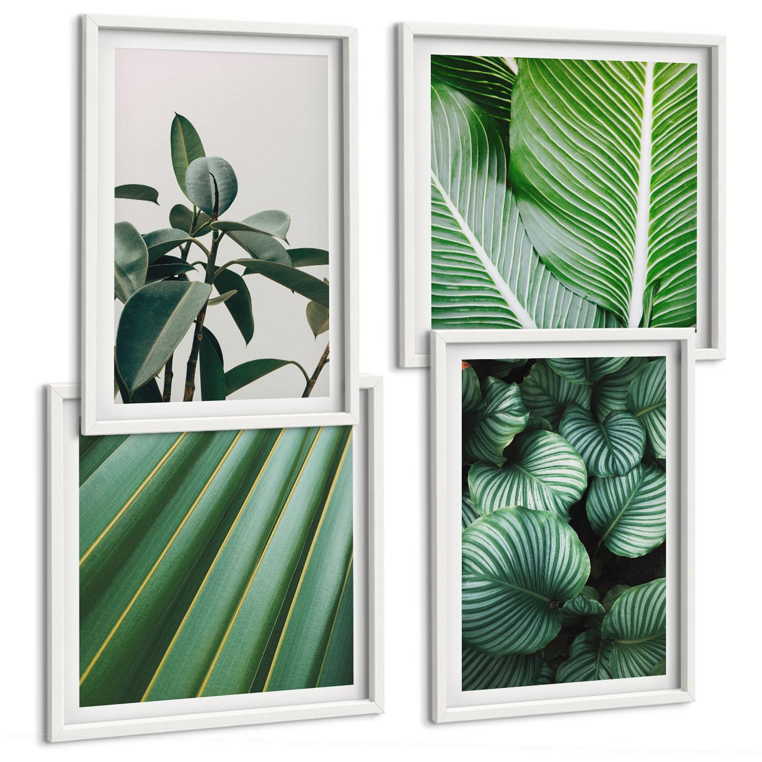 BILDER SET 4er Set - 50x50 cm & 40x60 cm Weißer Rahmen - Tropische Blätter in Grün - Weiß, Kunststoff (50/50cm) - TULUP