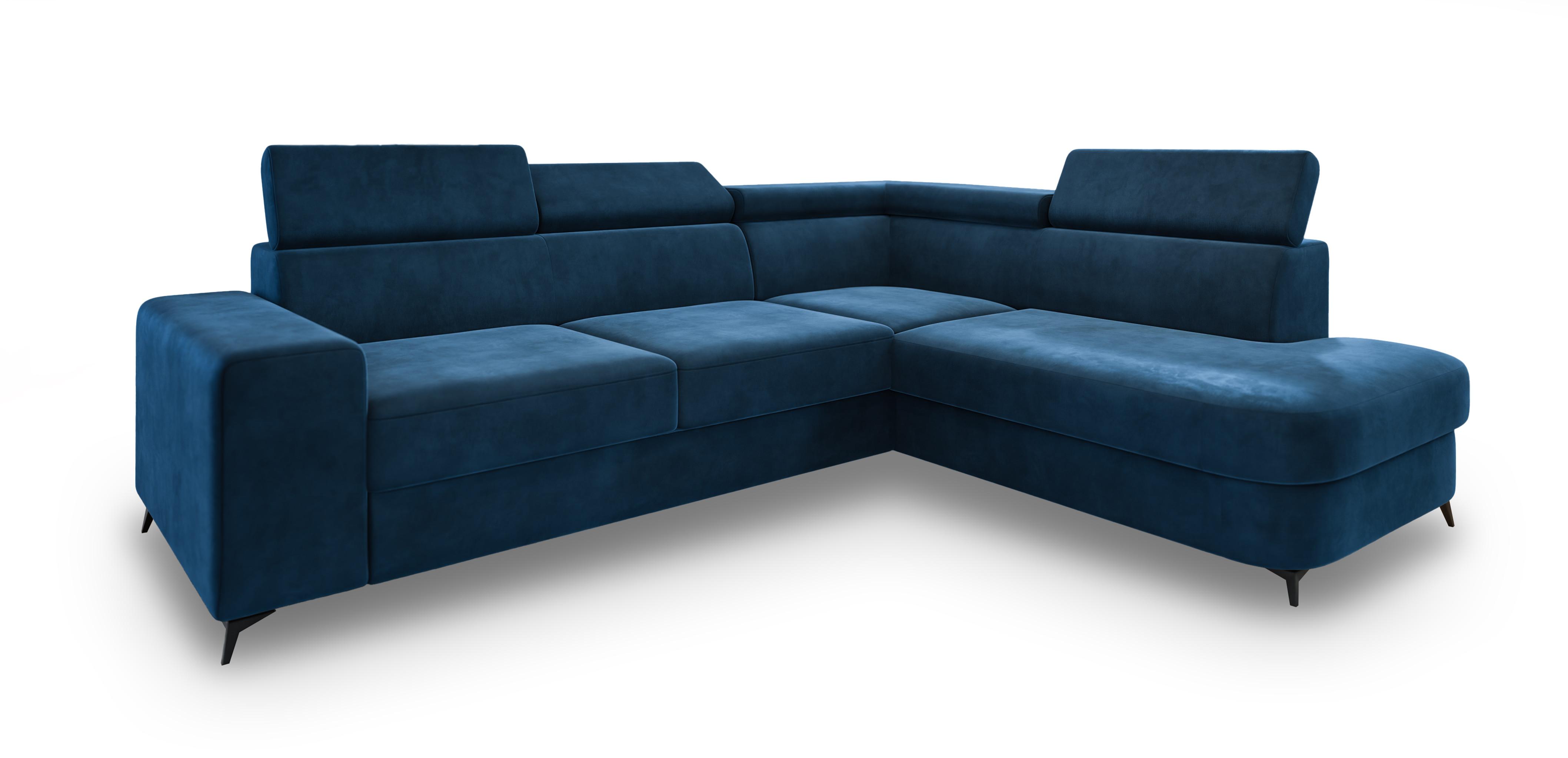 ECKSOFA ALVORO R-S Blau Velours-Stoff mit Schlaffunktion - Blau, Holz (253/190cm) - MASSENO