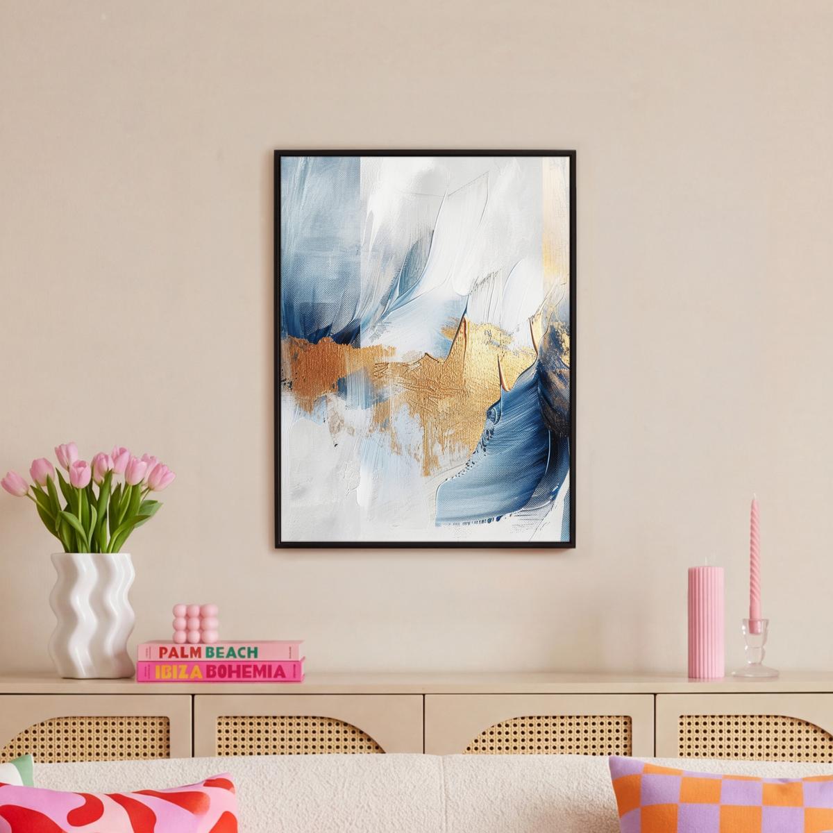 LEINWAND Bilder mit Rahmen - Gold - Blau - Aquarell - Kunst - Modern - 50x70 - Hellblau, Textil (50/70cm) - MuchoWow