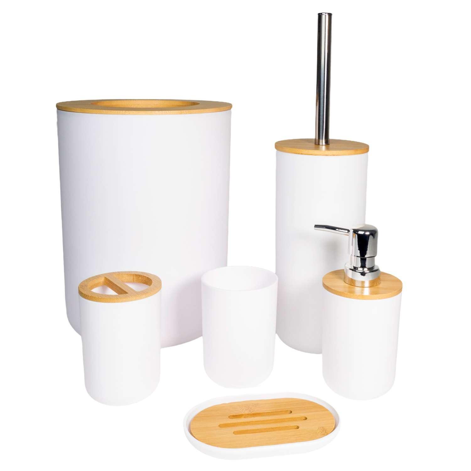 BADEZIMMER ZUBEHÖR SET (6-tlg.) mit Zahnputzbecher Seifenschale Seifenspender Toilettenbürste - Weiß, Naturmaterialen (19.5/26/19.5cm) - Intirilife