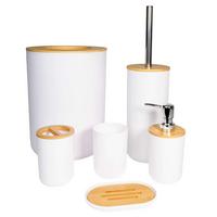 BADEZIMMER ZUBEHÖR SET (6-tlg.) mit Zahnputzbecher Seifenschale Seifenspender Toilettenbürste - Weiß, Naturmaterialen (19.5/26/19.5cm) - Intirilife