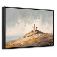 LEINWAND Bilder mit Rahmen - Hügel - Abstrakt - Christentum - Kreuz - 60x40 - Hellgrau, Textil (60/40cm) - MuchoWow