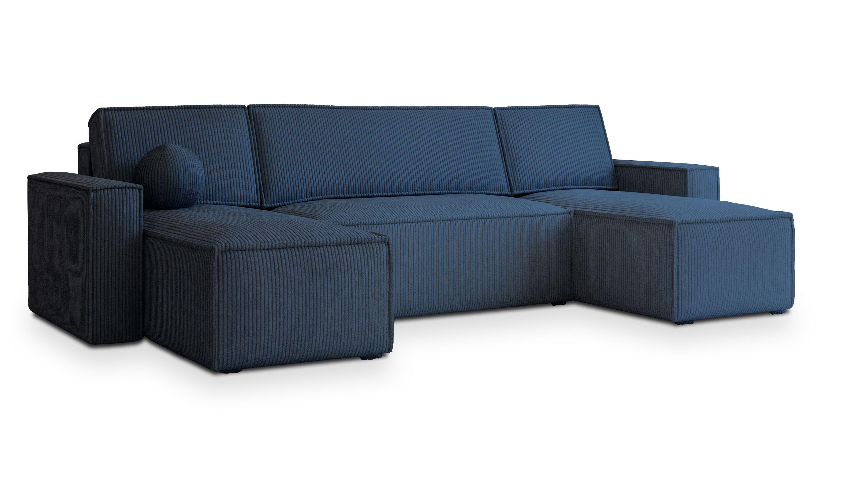 WOHNLANDSCHAFT PESANO P Blau Kordstoff mit Schlaffunktion - Blau/Grau, Holz/Kunststoff (306/85/140cm) - MASSENO