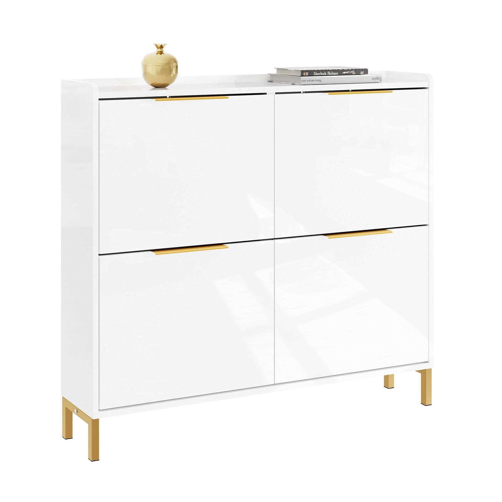 SCHUHSCHRANK mit 4 Klappen, Hochglanz Weiß 100x90x19cm - Weiß, Holzwerkstoff (100/90/19cm) - SoBuy