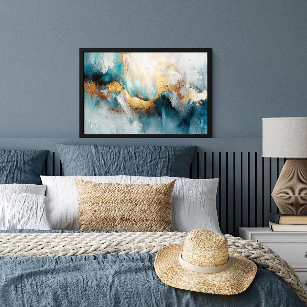 POSTER MIT RAHMENGERAHMTES BILD Abstrakt - Kunst - Gold - Blau 60x40 cm - Petrol, Papier (60/40cm) - MuchoWow