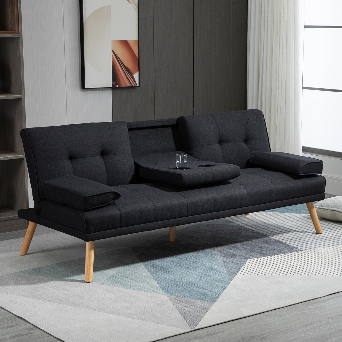 SCHLAFSOFA, 3-Sitzer-Schlafcouch mit Klappbarem Tisch, Becherhalter, Grau - Naturfarben/Grau, Holz/Textil (77/78/181cm) - HOMCOM