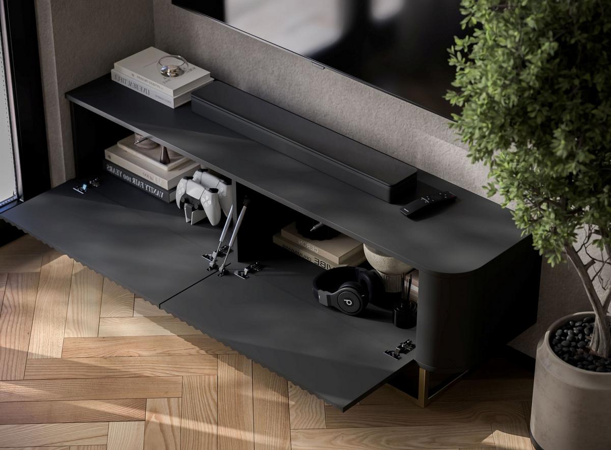 TV-LOWBOARD Aurora 140 cm in Schwarz matt mit goldfarbenem Metallrahmen - Schwarz, Holzwerkstoff/Metall (140/44/35cm) - Meble Lindner
