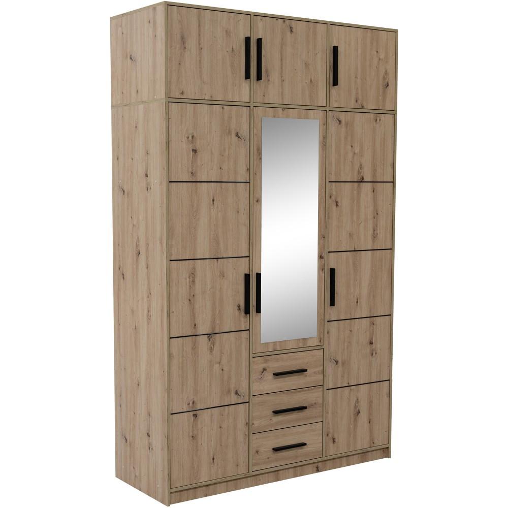 DREHTÜRENSCHRANK Kavo mit Aufsatz, Spiegel und 3 Türen, eiche Artisan - Schwarz/Eiche Artisan, Holzwerkstoff (150/245/58cm) - Beautysofa