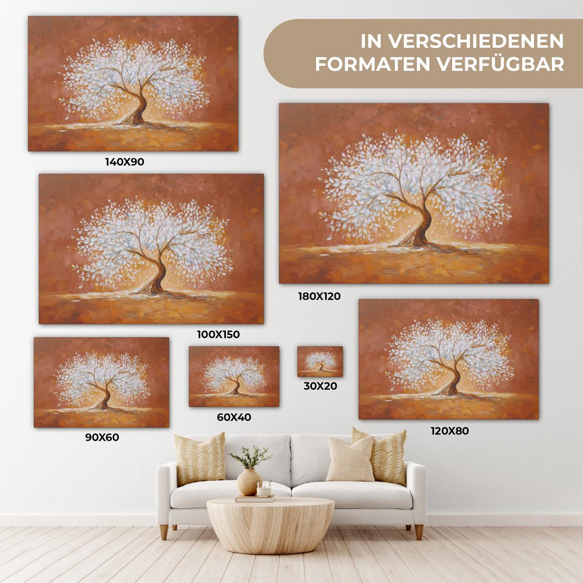 LEINWANDBILD Abstrakt - Baum - Weiß - Blätter Deko Schlafzimmer 30x20 cm - Braun, Textil (30/20cm) - MuchoWow