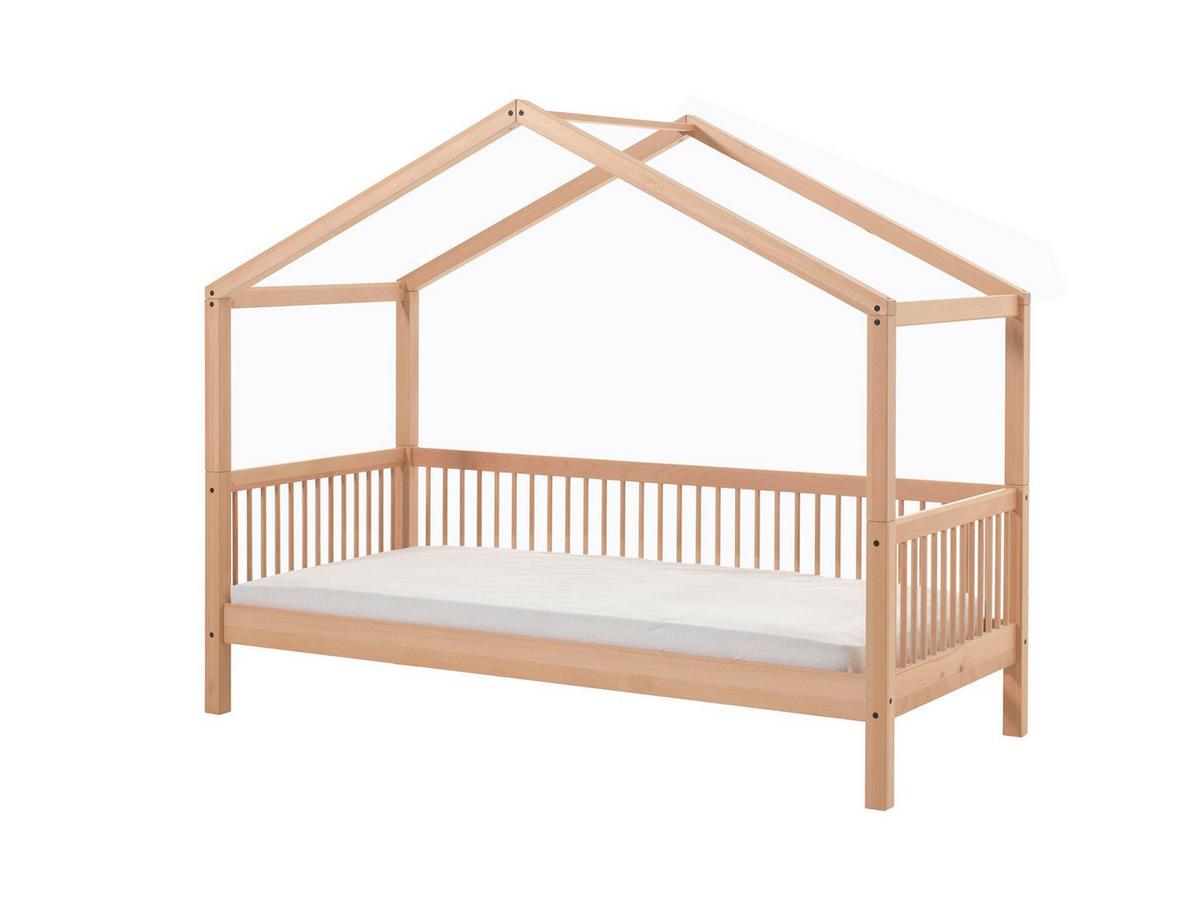 HAUSBETT Kelci 90x200 mit Umrandung und Dach Buche Massivholz natur - Buchefarben, Holz (90/200cm) - 58aufmkessel