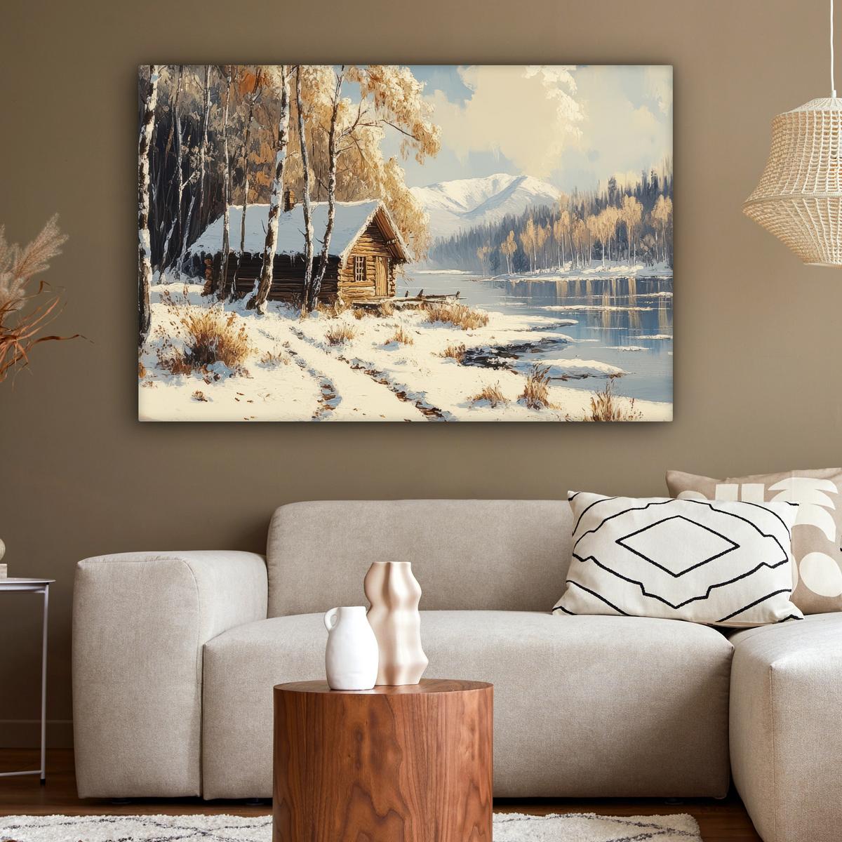 LEINWANDBILD Winter - Schnee - Zuhause - Natur Wohnzimmer Groß 120x80 cm - Hellbraun, Textil (120/80cm) - MuchoWow
