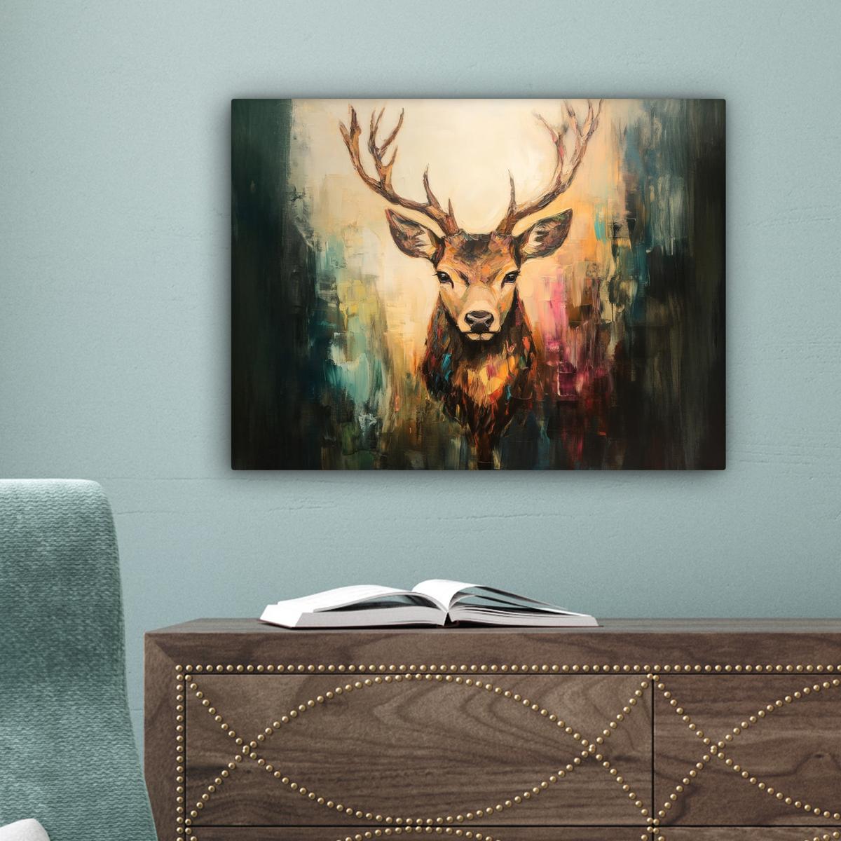 LEINWANDBILD Hirsch - Gemalt - Geweih - Braun Wandbild 40x30 cm - Haselnussfarben, Textil (40/30cm) - MuchoWow