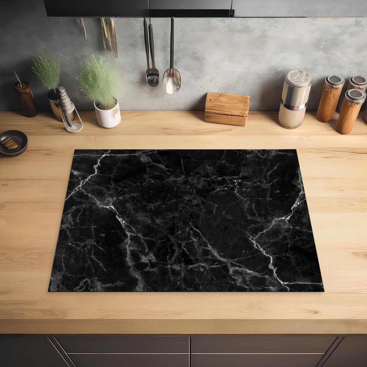 HERDABDECKPLATTE Marmor - Schwarz - Weiß - Textur - Marmoroptik Herdabdeckung Induktionsfeld 70x52 cm - Silberfarben, Kunststoff (70/52/0.2cm) - MuchoWow