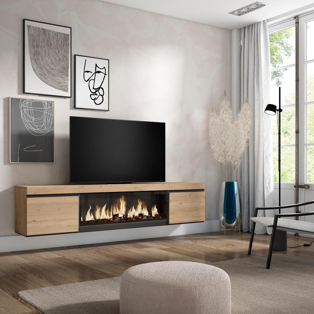 LOWBOARD, Tv-Schrank mit Elektrokamin XXL, Hängend, Eiche, 208/35/45cm - Eichefarben/Multicolor, Holzwerkstoff (208/45/35cm) - Skraut Home