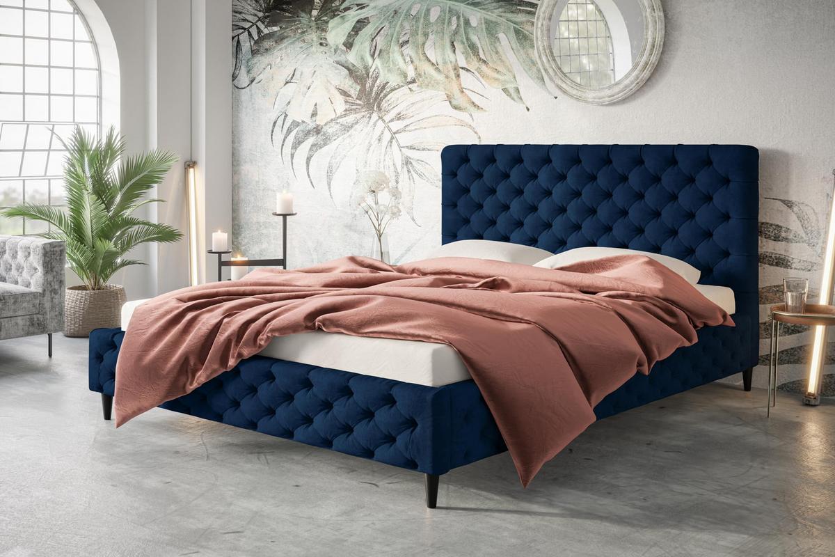 POLSTERBETT LUX Miami mit Kopfteil, 120 x 200 cm, Doppelbett mit Lattenrost aus Holz, Velourstoff Dunkelblau, Füße in Farbe: Schwarz - Dunkelblau, Holz/Textil (120/200cm) - Alpi-Möbel