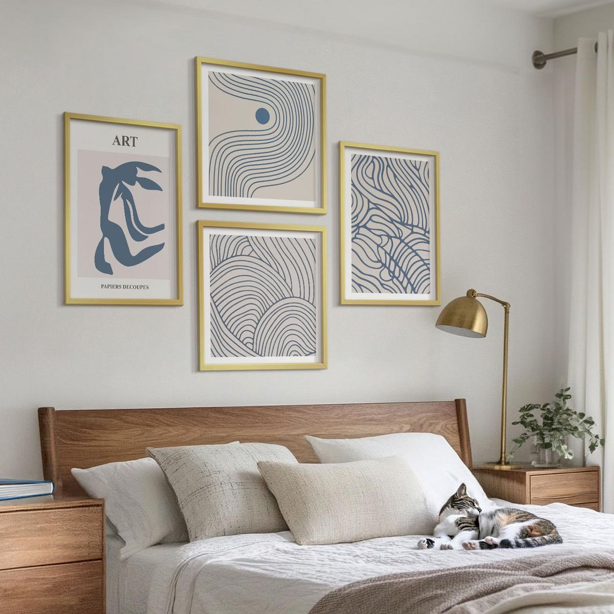 BILDER SET 4er Set - 50x50 cm & 40x60 cm Goldrahmen - Abstrakte blaue Linien - Goldfarben, Kunststoff (50/50cm) - TULUP