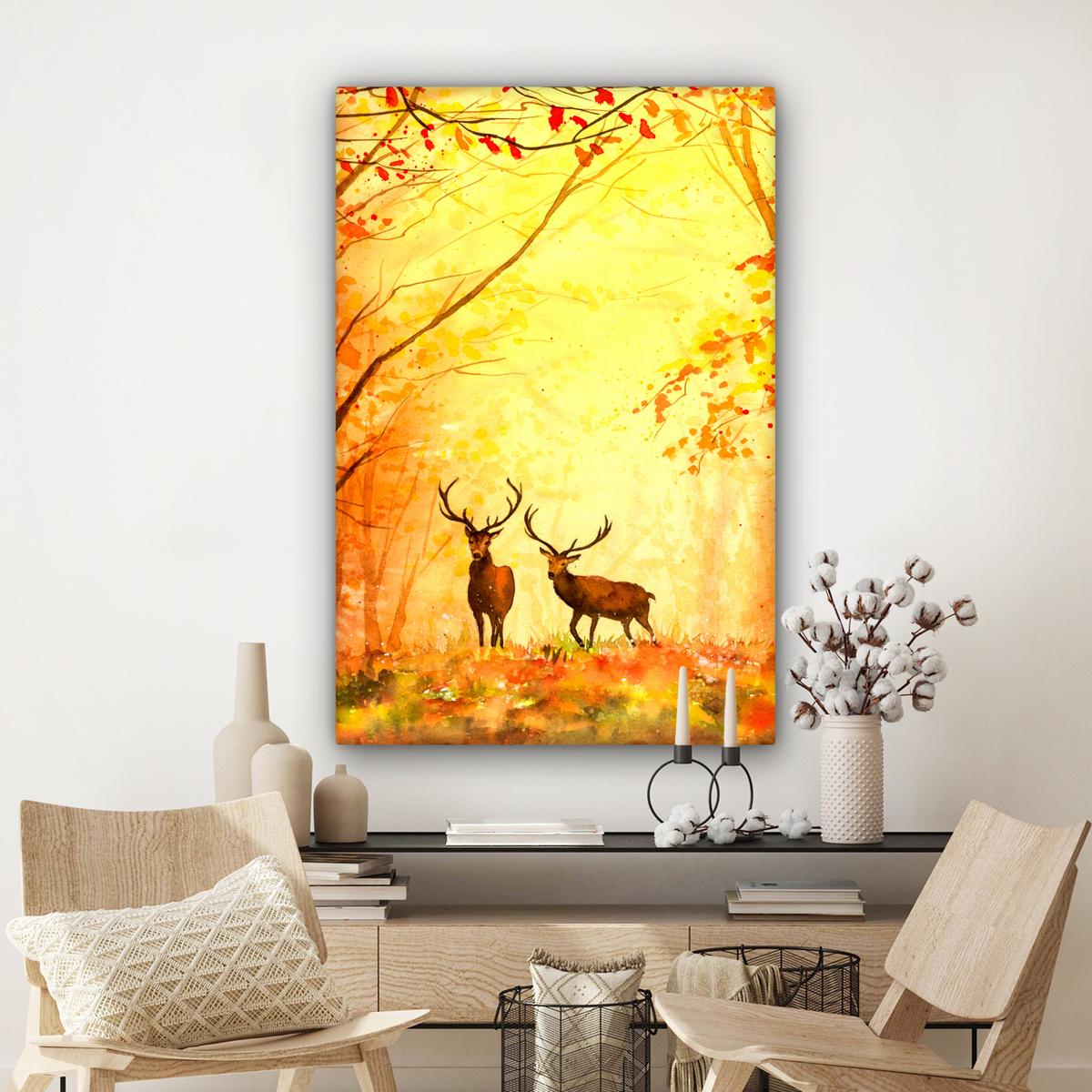 LEINWANDBILD Natur - Ölfarbe - Hirsche - Tiere - Herbst - Orange Deko XXL 80x120 cm - Orange, Textil (80/120cm) - MuchoWow