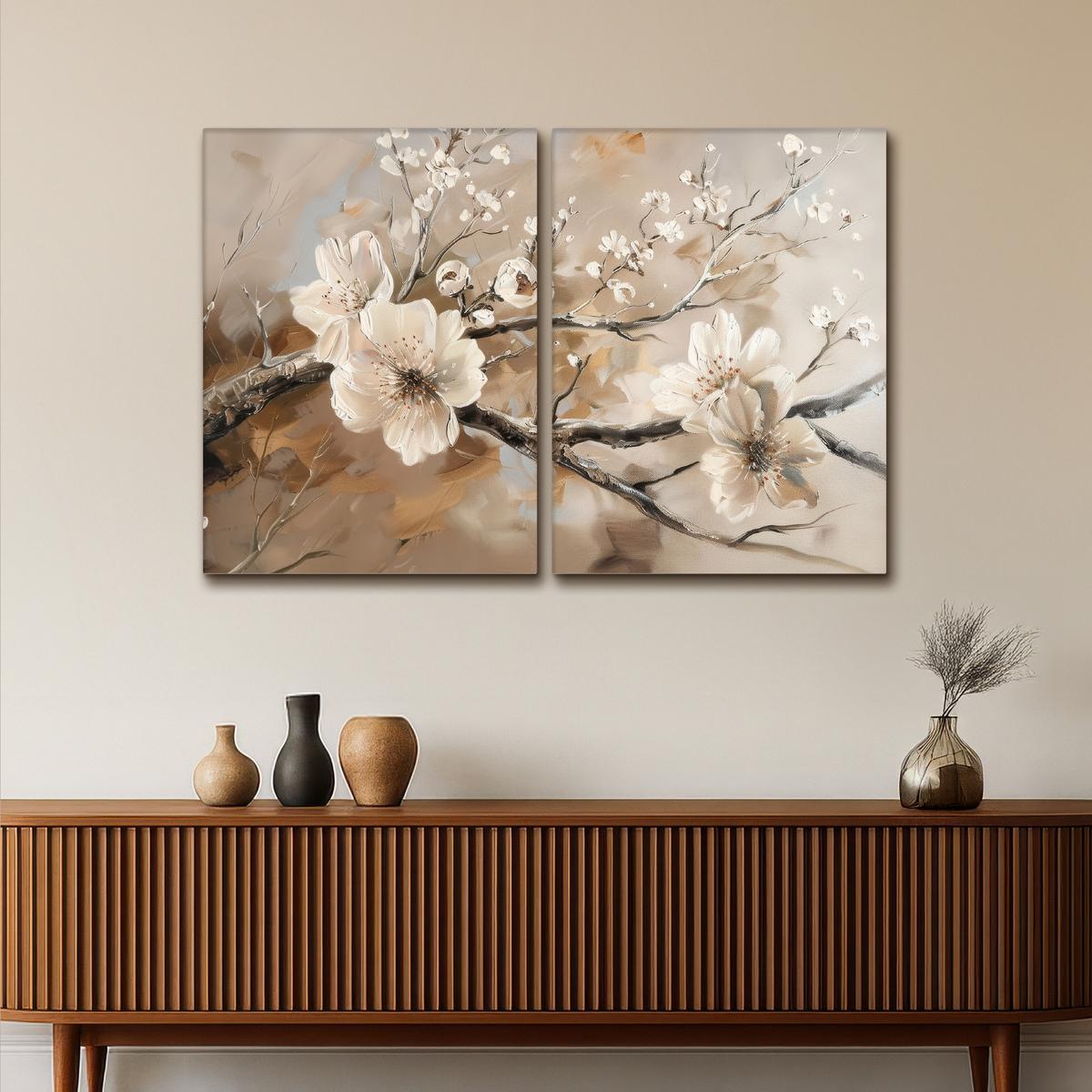 LEINWANDBILD 2er Set Blüte - Beige - Abstrakt - Blumen 100x70 cm - Hellbraun, Textil (100/70cm) - MuchoWow