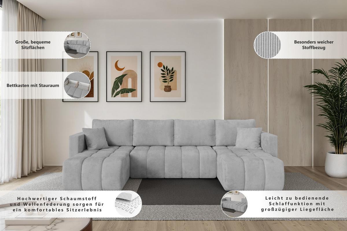 WOHNLANDSCHAFT mit Schlaffunktion und Bettkasten GARD-U 300x146x85 Grau Velours - Taupe/Schwarz, Holzwerkstoff/Kunststoff (300/85/146cm) - ALTDECOR