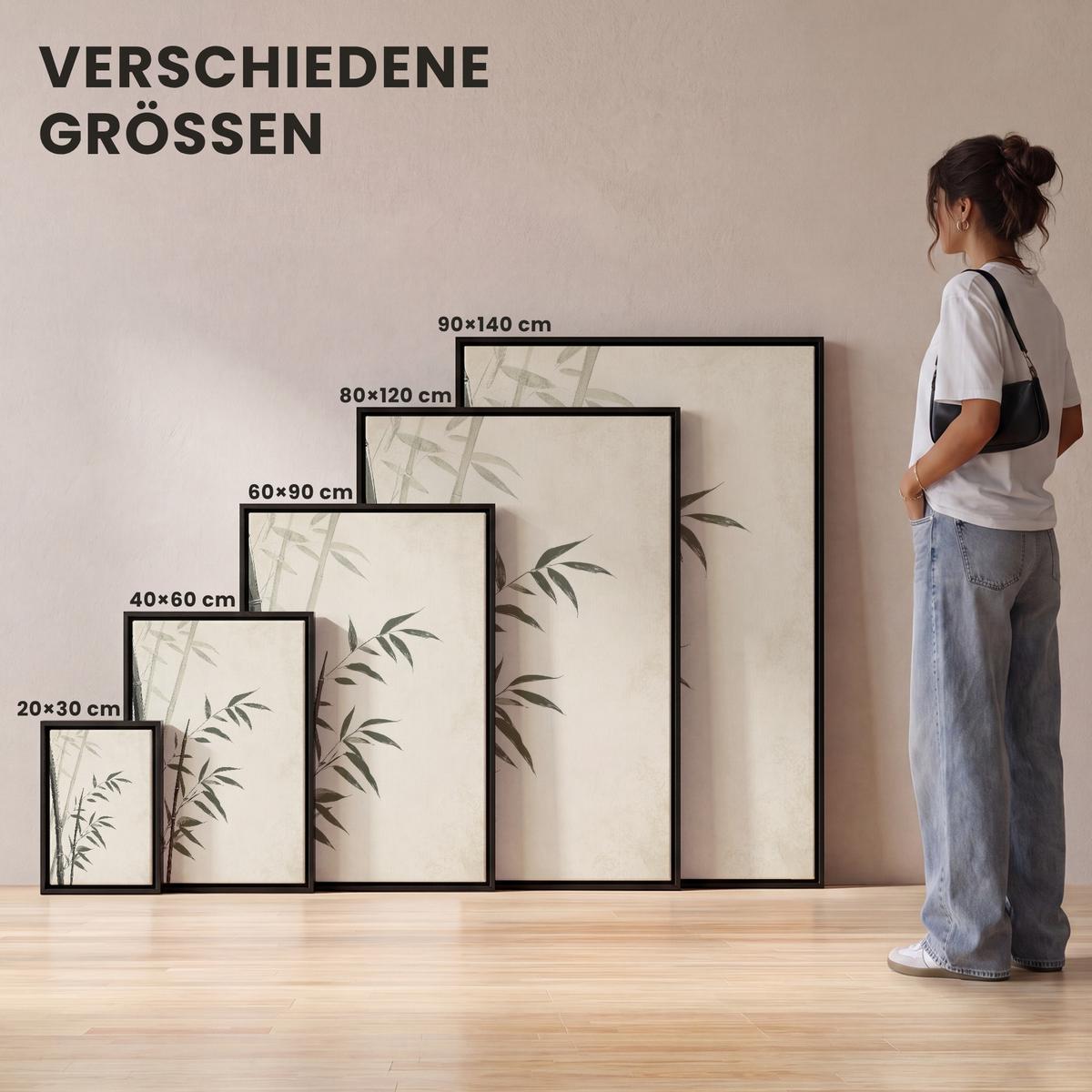 LEINWAND Bilder mit Rahmen - Japandi - Bambus - Beige - 40x60 - Eukalyptusholzfarben, Textil (40/60cm) - MuchoWow