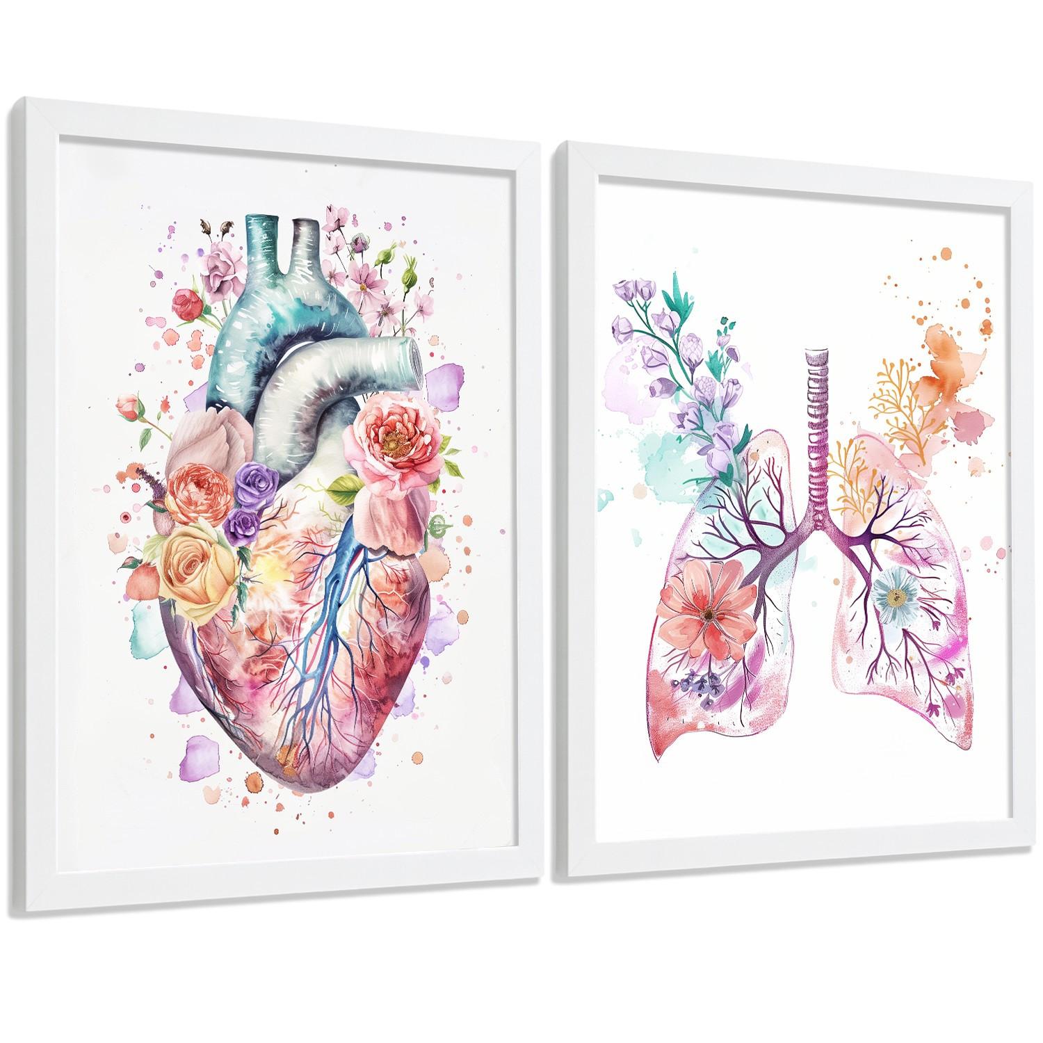 POSTER Set aus 2 Anatomie Mensch Drucke und Wandbilder mit Herz und Atmungssystem Floraler Stil Medizinische Wanddekoration Größe Weißer Rahmen A4 - Weiß, Papier (21/29.7/3cm) - Nacnic