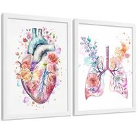 POSTER Set aus 2 Anatomie Mensch Drucke und Wandbilder mit Herz und Atmungssystem Floraler Stil Medizinische Wanddekoration Größe Weißer Rahmen A4 - Weiß, Papier (21/29.7/3cm) - Nacnic