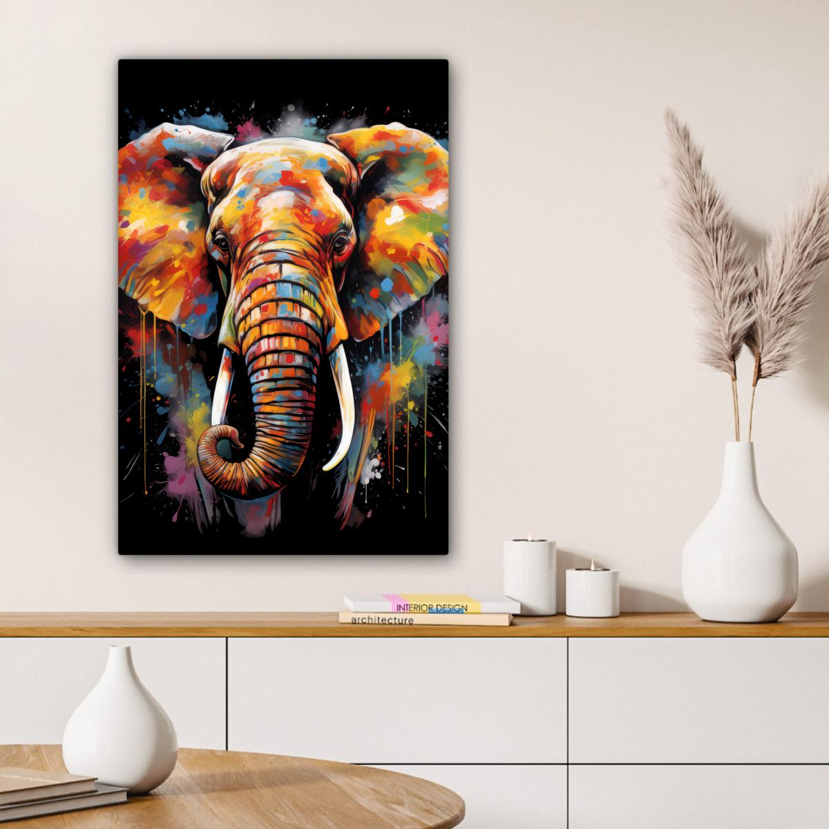 LEINWANDBILD Elefant - Graffiti - Schwarz - Tiere - Farben Wanddeko 40x60 cm - Schwarz, Textil (40/60cm) - MuchoWow