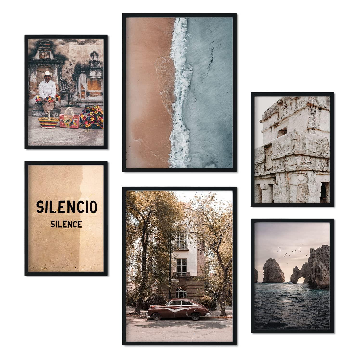 POSTER Set Mit 6 Vintage Mexico A3 & A4 Schwarzer Rahmen - Schwarz, Papier (29/3cm) - Nacnic