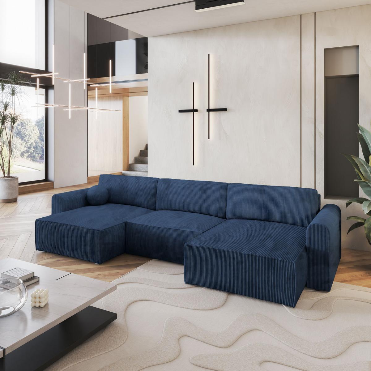 WOHNLANDSCHAFT FENTO P Blau Kordstoff mit Schlaffunktion - Blau/Grau, Holz/Kunststoff (347/90/148cm) - MASSENO
