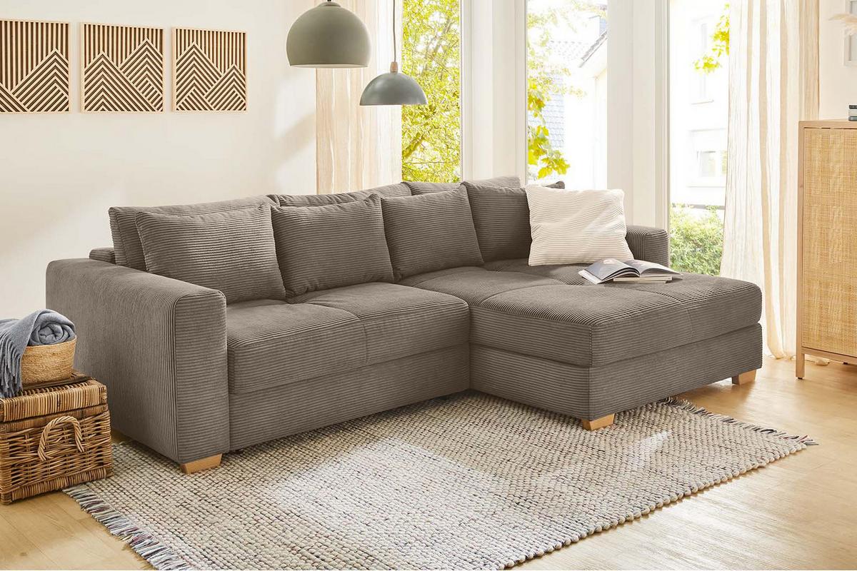 ECKSOFA-DAUERSCHLÄFER Federkern Bettkasten, seitenverkehrt montierbar B288/T186/H86 cm, Liegefl. 153x245 cm, Cord Braun Taupe / 15155 - Eichefarben/Braun, Holz/Textil (288/186cm) - luma-home