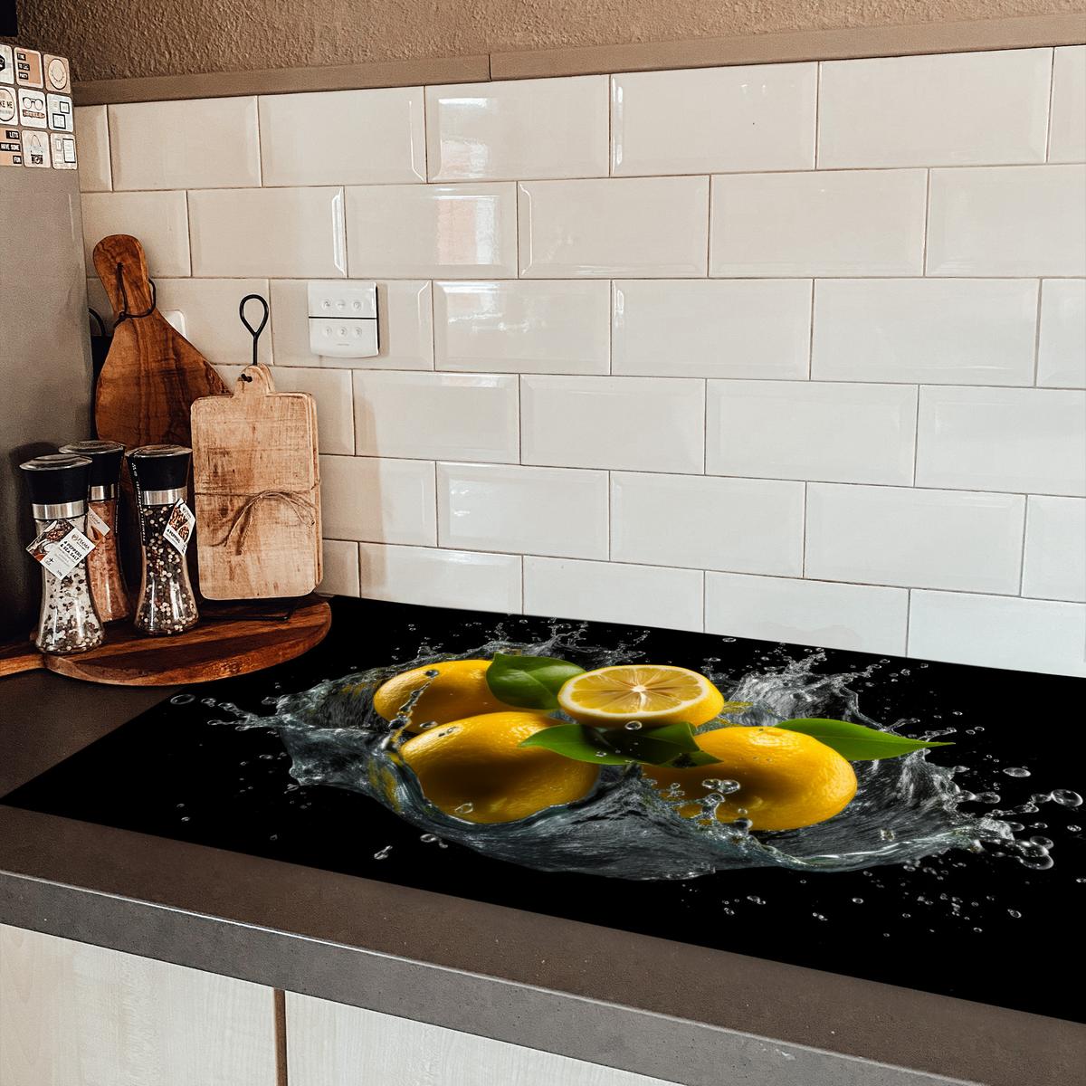 HERDABDECKPLATTE Zitrone - Obst - Gelb - Schwarz Ceranfeldabdeckung 90x52 cm - Gelb, Kunststoff (90/52/0.2cm) - MuchoWow