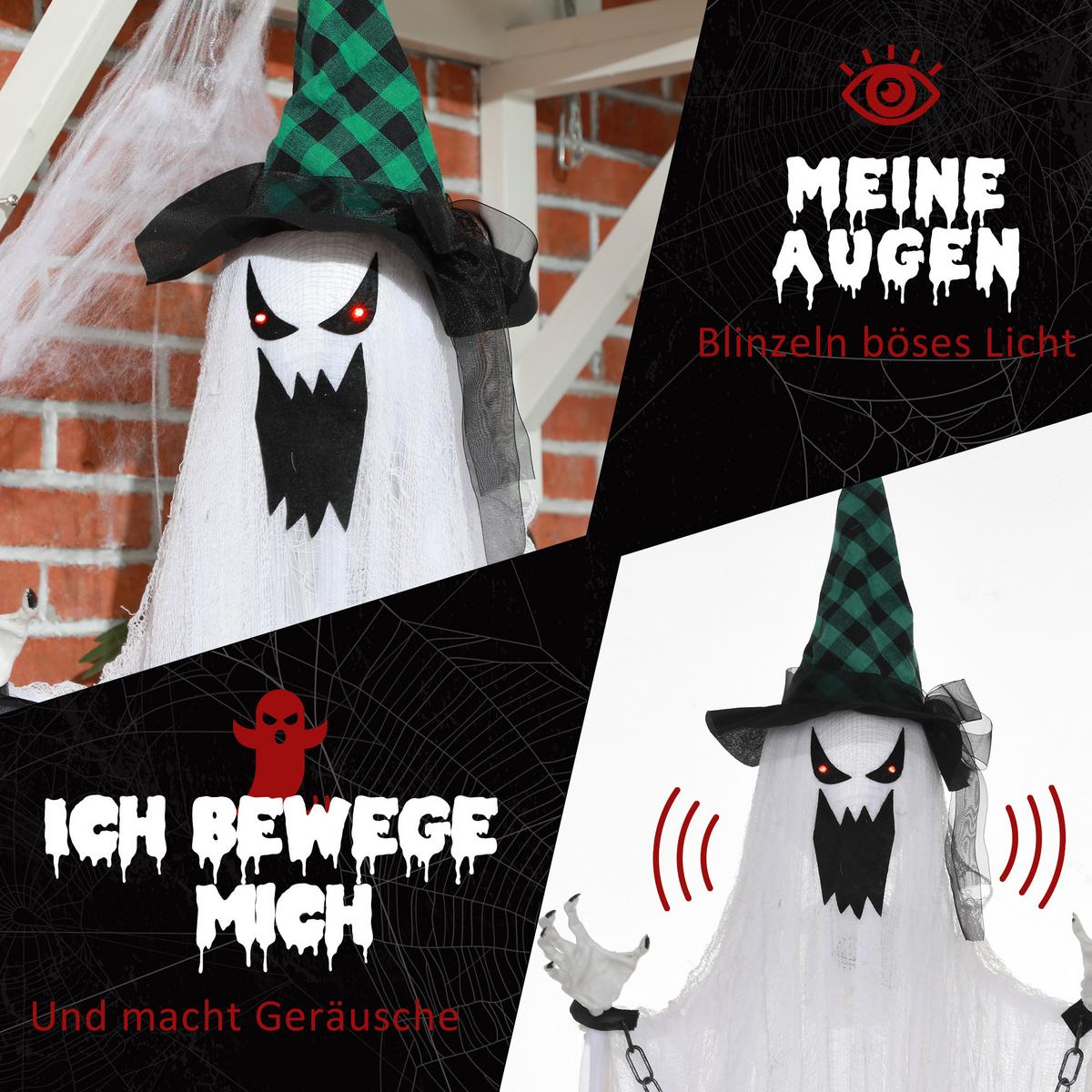 HALLOWEEN-DEKORATION hängender Geist 204 cm mit Geräuschaktivierung, Soundfunktion - Multicolor, Textil (16/204/88cm) - HOMCOM