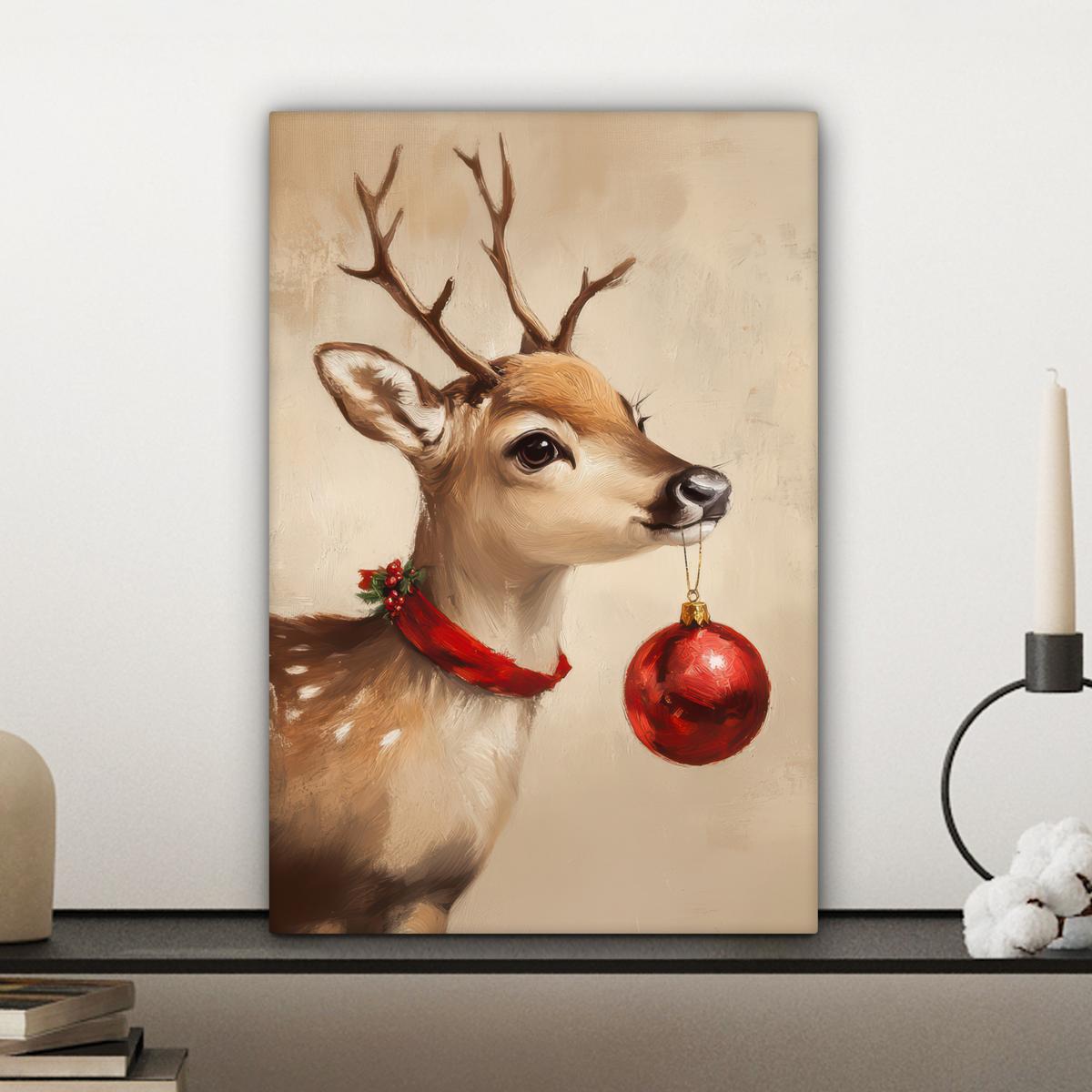 LEINWANDBILD Weihnachten - Hirsch - Geweih - Weihnachtskugel - Rentier Deko Wohnzimmer 20x30 cm - Hellbraun, Textil (20/30cm) - MuchoWow