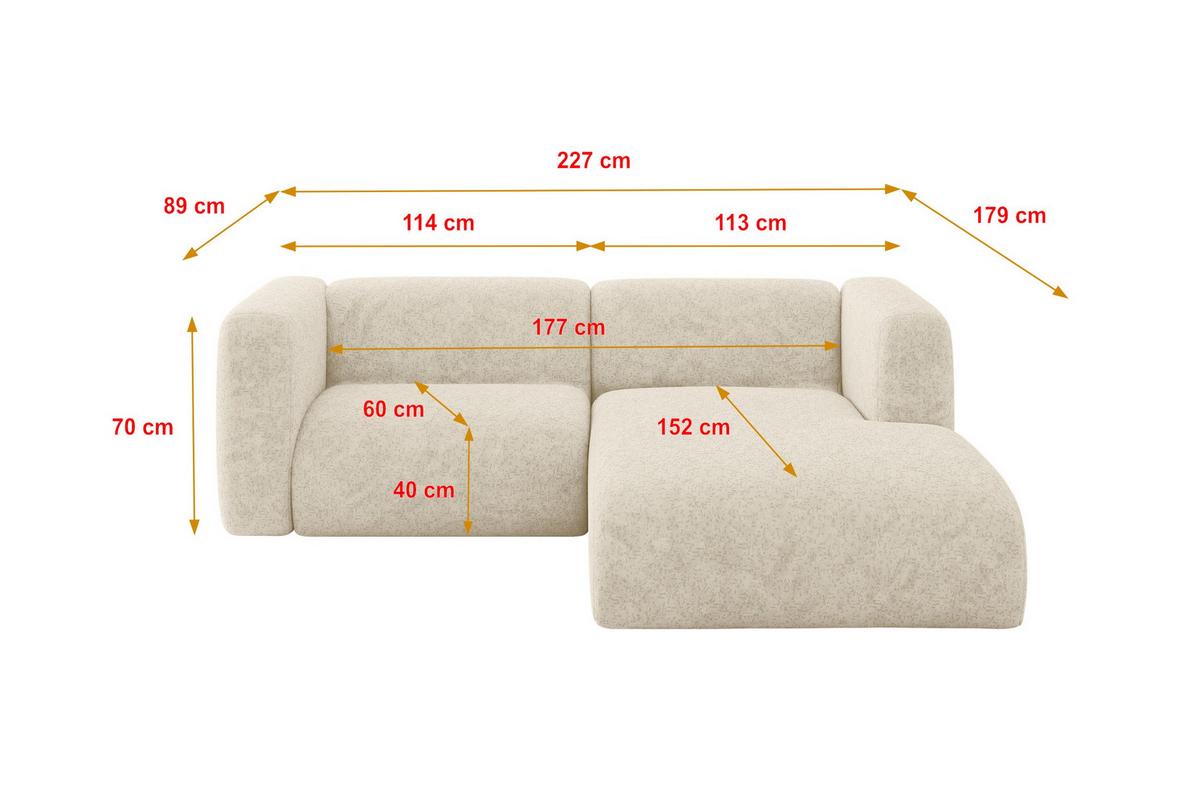 ECKSOFA Ottomane Rechts MIRA-L1 227x179x89 Creme Velours - Creme/Schwarz, Holzwerkstoff/Kunststoff (227/179cm) - ALTDECOR