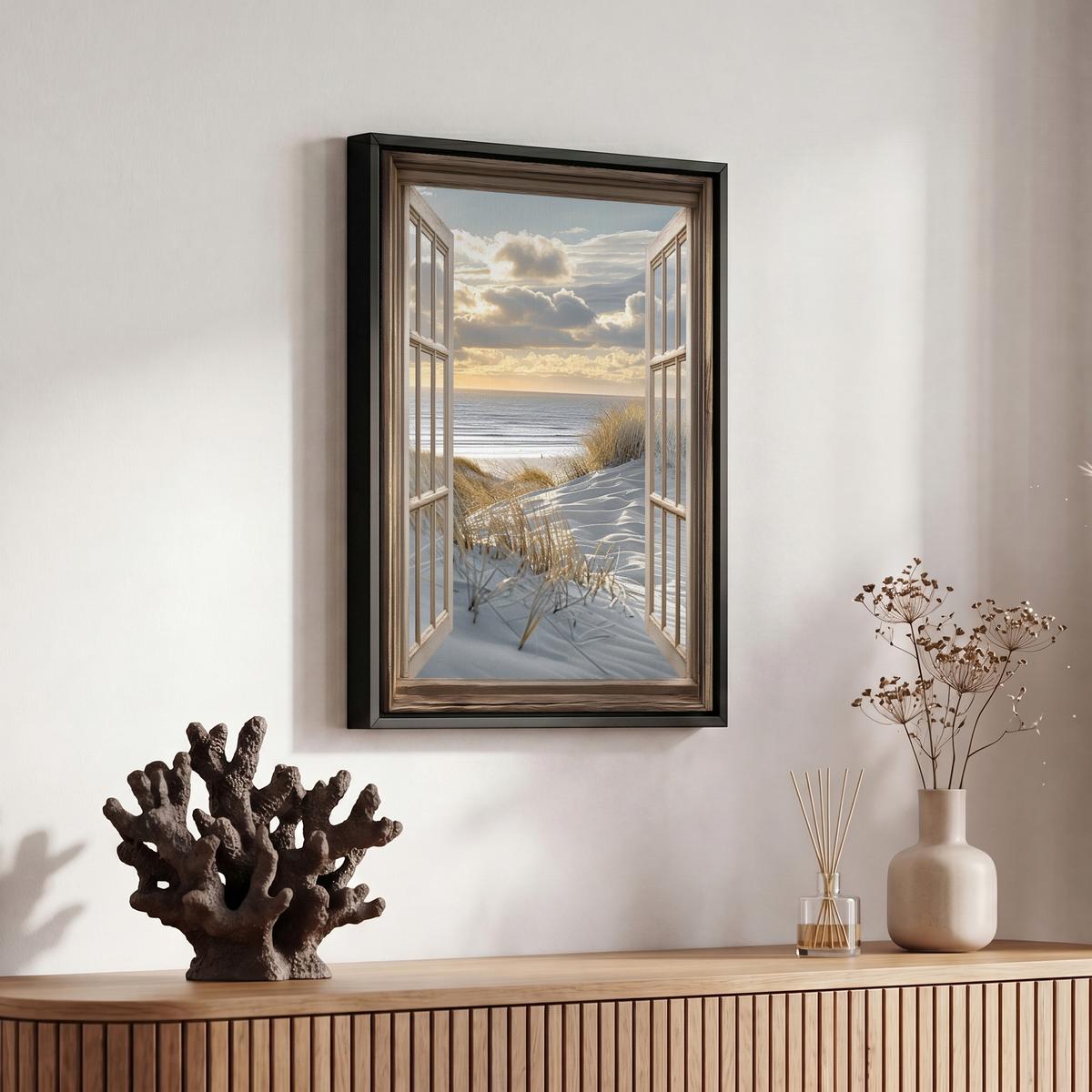 LEINWAND Bilder mit Rahmen - Ausblick - Strand - Dünen - Meer - Natur - 20x30 - Sandfarben, Textil (20/30cm) - MuchoWow